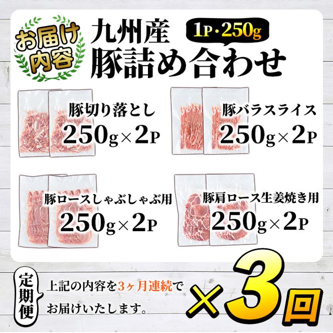 ＜定期便・全3回＞豚肉詰め合わせ(計6kg・1パック250g) 国産 九州産 小分け 個包装 真空パック 定期便 鍋 冷凍配送 ぶた肉 ポーク セット 詰め合わせ ロースしゃぶしゃぶ 肩ロース生姜焼き 豚バラスライス こま切れ【三九】a-42-1-z