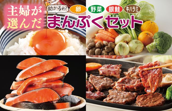 099S016 主婦が選んだ まんぷく セット（牛肉 ハラミ 銀鮭 切り身 たまご 野菜）【別送】