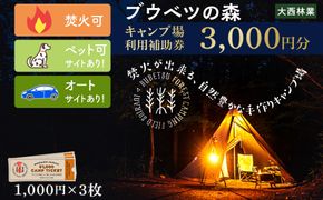 キャンプ場 利用補助券 ブウベツの森 北海道 白老町 （3000円分） AZ022