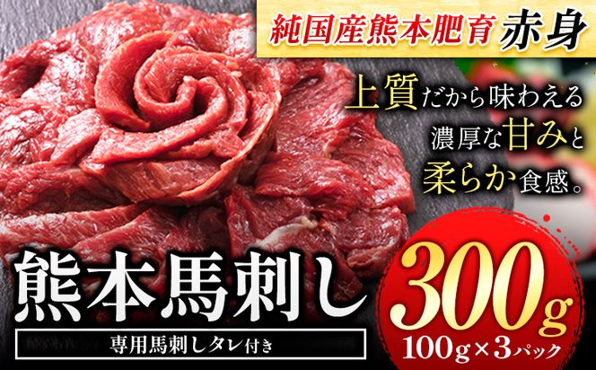 赤身馬刺し300g【純国産熊本肥育】 たっぷり300g 約100g×3ブロック(タレ5ml×3袋) 生食用 冷凍《3-7日以内に出荷予定(土日祝除く)》送料無料---mna_fakmb_u_26_10000_300g---