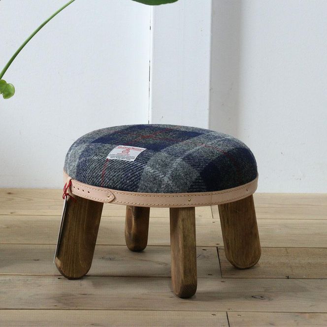 まぁるいスツール【ネイビー&グレーチェック×ブラウン】 子供 椅子イスキッズ HARRIS TWEED（ハリスツイード） 家具   Z089