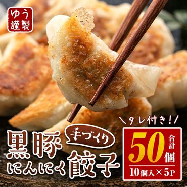 Z6-01_2402＜2024年2月発送分(2月中に発送)＞手づくり黒豚にんにく餃子(計50個・10個入り×5P) 特製餃子のタレ付き！【工房ゆう】
