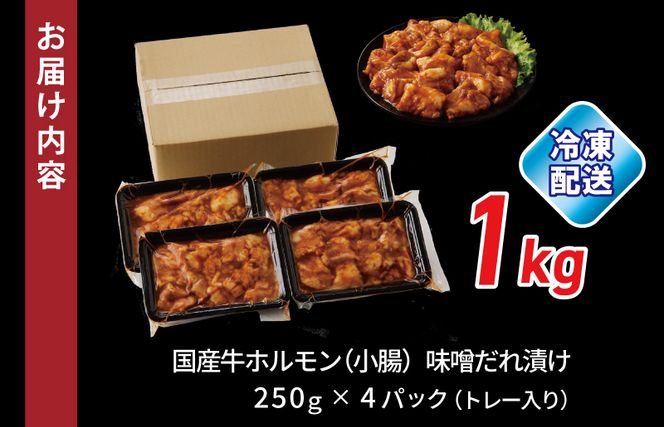 099H3870 国産 牛肉 ホルモン 1kg 味噌だれ漬け 焼肉用 小分け 250g×4P【牛肉 焼肉用 焼くだけ 小分け BBQ やきにく 数量限定】