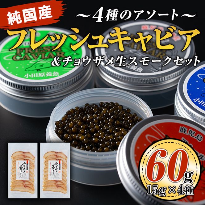 F3-01 純国産フレッシュキャビア(計60g・15g×4種類)＆チョウザメ生スモーク(200g)セット！【小田原養魚】