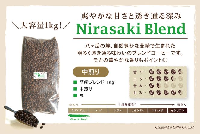 コーヒー 豆 【1949年創業ロースター】 韮崎ブレンド 1kg [コクテール堂 山梨県 韮崎市 20743530] 珈琲 コーヒー豆 珈琲豆 自家焙煎 ブレンド ブレンドコーヒー ドリンク 飲み物 飲料
