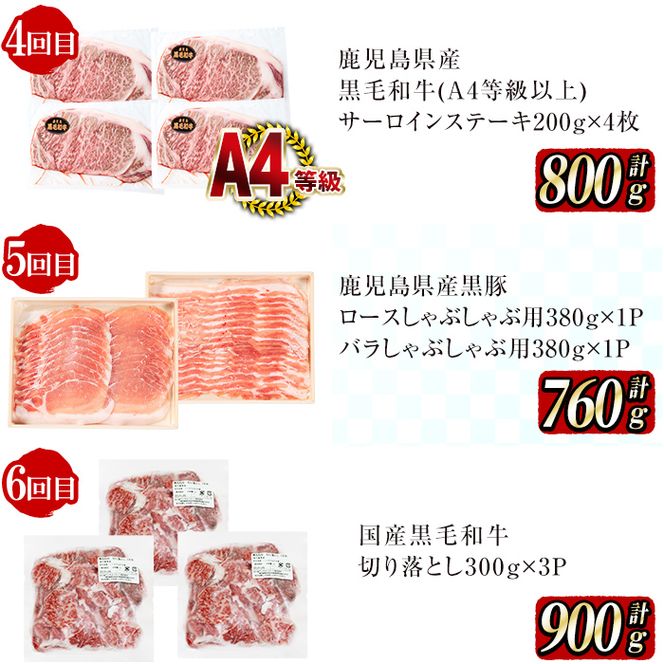 【定期便全6回】黒毛和牛・黒豚を交互にお届け！＜志布志牛・豚 満足定期コース＞計6.3kg超！ t0100-026-02