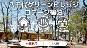 八千代グリーンビレッジ コテージ 休日利用 4人棟 【 休日宿泊 ＋ 温泉入浴券 ＋ お買物券 】 セット 憩遊館 体験 限定 温泉 レジャー [AN008ya]