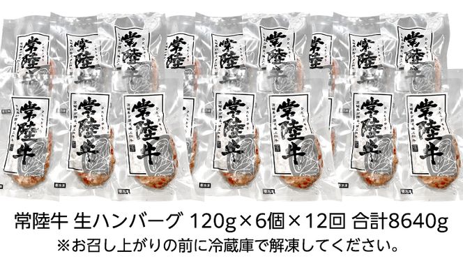 【茨城県共通返礼品】【12ヶ月定期便】 黒毛和牛 常陸牛 100% 特製 プレミアム 生ハンバーグ 120g×6個入り 合計720g 八千代町産 白菜 使用 無添加 無着色 保存料不使用 冷凍 牛 牛肉 ビーフ 生 ハンバーグ こだわり [AU058ya]