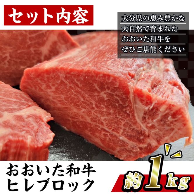 おおいた 和牛 ヒレブロック (約1kg) 国産 ステーキ 牛肉 豊後牛 BBQ バーベキュー 焼肉 ヒレ ヒレ肉 塊肉 惣菜 大分県 佐伯市【BD206】【西日本畜産 (株)】