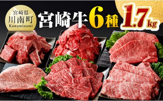 宮崎牛6種 詰め合わせ 1.7kg [ 肉 牛肉 宮崎牛 黒毛和牛 ロースステーキ ウデ 肩ロース チマキ ネック カルビ 焼肉 ミヤチク ][D00641]