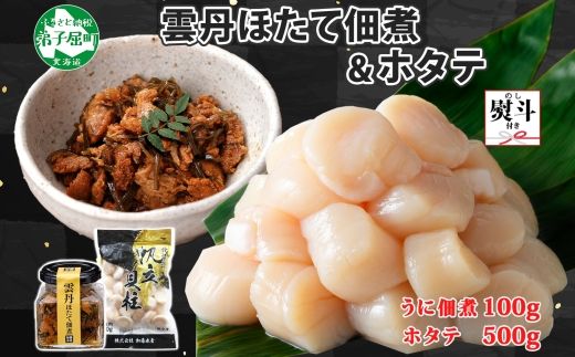 1940. 無地熨斗 雲丹ほたて佃煮 100g ホタテ 500g 小分け 雲丹 ウニ うに 帆立 ホタテ ほたて 佃煮 つくだ煮 瓶詰 海鮮 熨斗 のし 名入れ不可 送料無料 北海道 弟子屈町