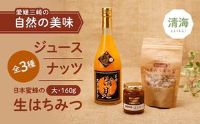 清見ジュース・ナッツ・日本蜜蜂はちみつセットC（清見ジュース 720ml×1本、はちみつ木の実 100g×1パック、はちみつ（大）160g×1本） ｜ みかんジュース 柑橘 ハチミツ ナッツ アーモンド パン 無添加 非加熱 愛媛