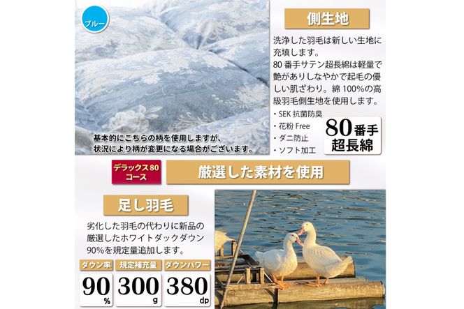 デラックス 羽毛布団リフォーム シングル 【ホワイトダックダウン90％】 仕立て直し 80サテン超長綿 【青 柄おまかせ】 / 川村羽毛 / 山梨県 韮崎市 [20743590] リフォーム 布団打ち直し 布団リフォーム 布団 羽毛 ふとん 羽毛布団 羽毛ぶとん 打ち直し