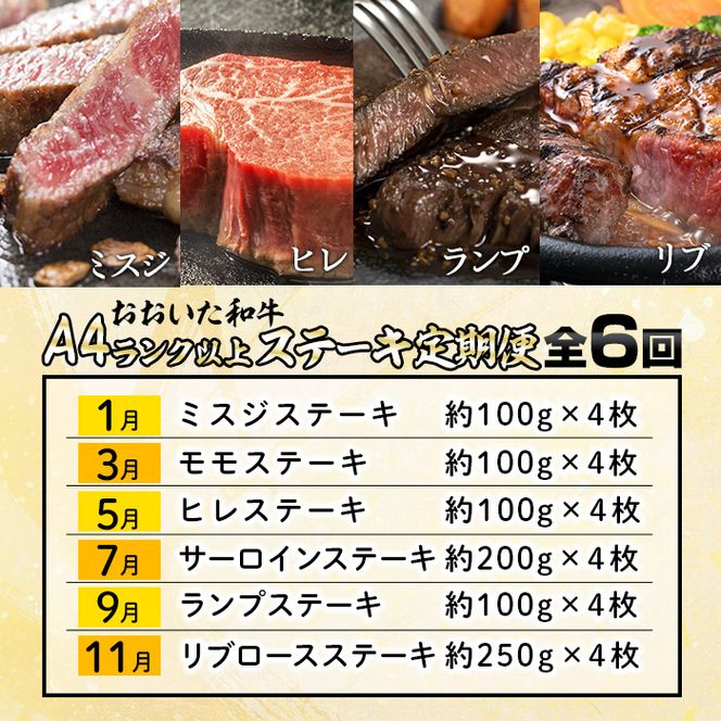 ＜定期便・全6回 (隔月)＞おおいた和牛 低温熟成 ステーキ 定期便 (2ヶ月ごとにお届け) 国産 牛肉 肉 霜降り A4 ミスジ モモ ヒレ サーロイン ランプ リブ 和牛 ブランド牛 冷凍 【DH186】【(株)ネクサ】