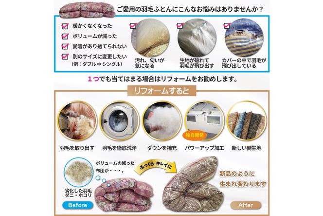 デラックス 羽毛布団リフォーム シングル 【ホワイトダックダウン90％】 仕立て直し 80サテン超長綿 【青 柄おまかせ】 / 川村羽毛 / 山梨県 韮崎市 [20743590] リフォーム 布団打ち直し 布団リフォーム 布団 羽毛 ふとん 羽毛布団 羽毛ぶとん 打ち直し