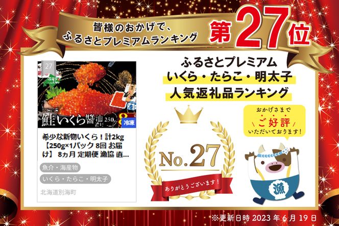【250g×1パック 8回 お届け】 8ヵ月 定期便 漁協 直送！本場「北海道」 いくら 醤油漬け【NKM08NQ13】