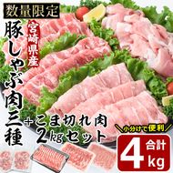 宮崎県産 豚こま肉 豚しゃぶ3種 セット(合計4kg・ロース800g・バラ800g・肩ロース400g・豚こま肉2kg)豚肉 お肉 しゃぶしゃぶ こま切れ 鍋 生姜焼き 小分け 数量限定 国産 冷凍【MF-54】【エムファーム】