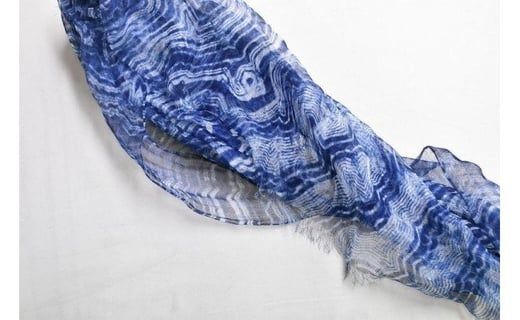 リネンストール藍染め 板締め絞り/ハーフサイズ(極細麻糸ラミー)(男女兼用)天然素材ストール専門店muto FAA4019