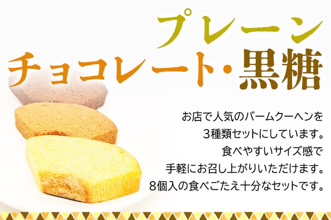 バームクーヘン食べ比べセット（プレーン×4個、チョコレート味×2個、黒糖味×2個・計8個）【クロネコゆうパケット】|06_pcf-210801