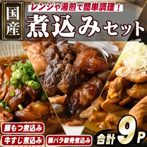 やわらか煮込み3種セット(合計9パック・各3パック) もつ 豚バラ 牛すじ 煮込み 大容量 小分け 国産 豚肉 モツ ホルモン おかず 簡単調理 煮込み料理 湯煎 レンジ パック【スターゼン】akn031-06