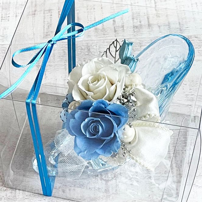 人気の枯れないお花！プリザーブドフラワー～アクリルハイヒールアレンジ～ブルー系　[BB004ya]
