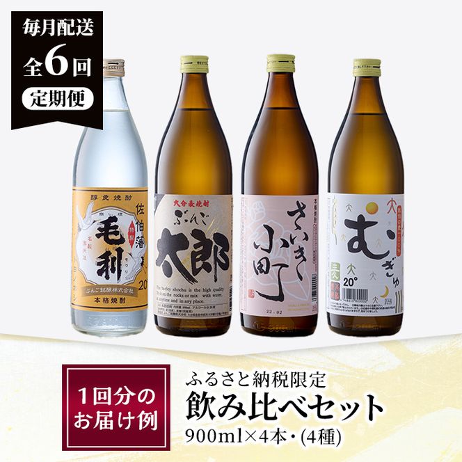 ＜定期便・全6回 (連続)＞大分麦焼酎飲み比べセット (900ml×4本×6回) 大分県産 国産 毛利 ぶんご太郎 さいき小町 むぎゅ ご当地 お取り寄せ 焼酎 麦 ハイボール 糖質ゼロ 20度 セット 4本 大分県 佐伯市【AN107】【ぶんご銘醸 (株)】