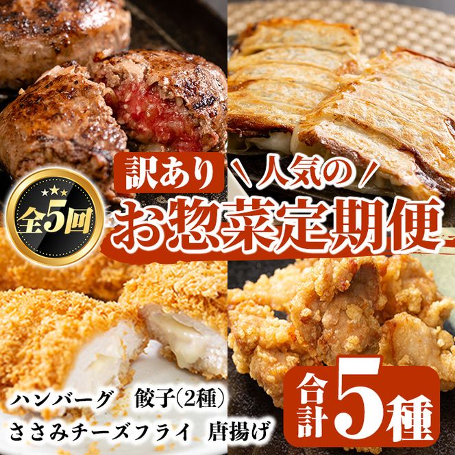 ＜訳あり定期便・全5回＞人気のお惣菜定期便 国産 牛肉 ササミ 鶏肉 とり肉 おかず 惣菜 真空冷凍 揚げ物 ギョウザ ぎょうざ お肉 から揚げ ハンバーグ 鶏料理 冷凍 真空パック【スーパーよしだ】a-65-5