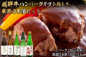 4-7　飛騨牛 ハンバーグ120g×6個入 ギフト箱入り + 厳選日本酒720ml×5本【0026-041】