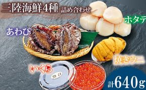 海鮮4種 約640g ホタテ あわび 鮑 いくら 焼きうに 帆立 雲丹 寿司 Abalone ステーキ バターソテー 正月 お正月 おせち 刺し身 刺身 バーベキュー BBQ ごはん 夕飯 おかず おつまみ 晩酌 米 丼 海産物 海鮮 魚介 魚介類 贈答品 お中元 お歳暮 大船渡 三陸 岩手県 国産 [56500632_1]