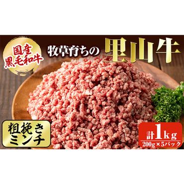 国産黒毛和牛 牧草育ちの里山牛100％使用！粗びきミンチ 計1kg(200g×5パック) a5-279