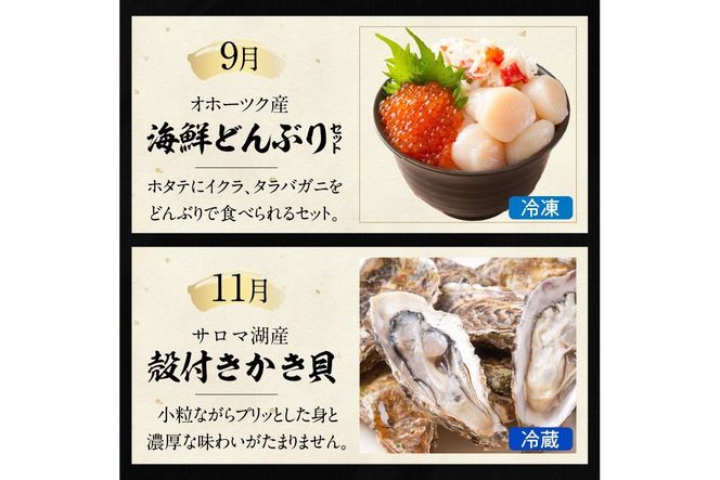 【全7回定期便】オホーツク海・サロマ湖で水揚げされた「旬」の魚介が届く！わくわく定期便 ( ウニ 毛ガニ 甲羅盛り ほたて ホタテ 真ほっけ 海鮮丼 カキ たらばがに 定期便 魚介 北の味覚 )【999-0197】