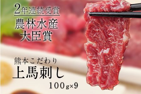 馬刺し 上赤身 ブロック 国産 熊本肥育 冷凍 生食用 たれ付き(10ml×9袋) 100g×9セット 肉 期間限定 絶品 牛肉よりヘルシー 馬肉 予約 平成27年28年 農林水産大臣賞受賞 熊本県長洲町《7月中旬-9月末頃出荷》---ng_fkgakm_bc79_r7_30000_900gt---