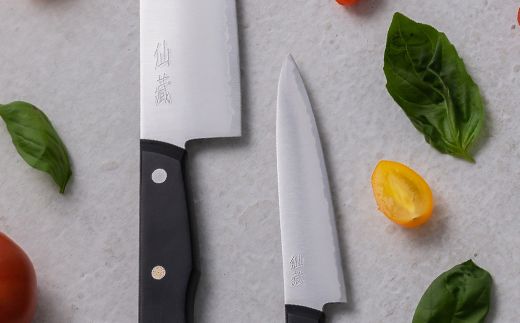 H20-83 モザイクピン付き三徳包丁+ペティセット（EN-01/02） ～切れ味の良い3層鋼ステンレス 日本刀のような波紋 デザイン～