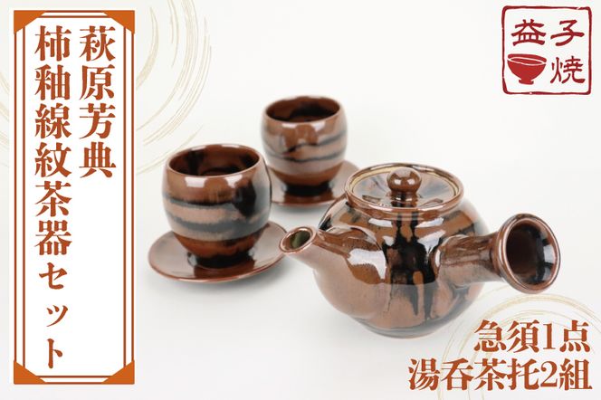AT012 益子焼 萩原芳典 柿釉線紋茶器セット(栃木県益子町 AT012 益子焼 萩原芳典 柿釉線紋茶器セット(栃木県益子町