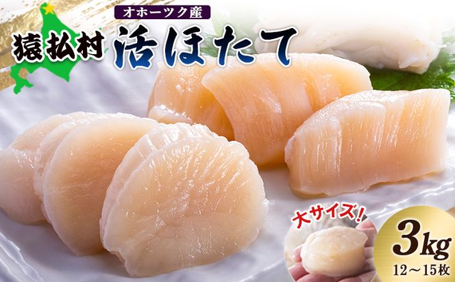 「活ほたて」大サイズ３ｋｇ（12～15枚） オホーツク産【16016】