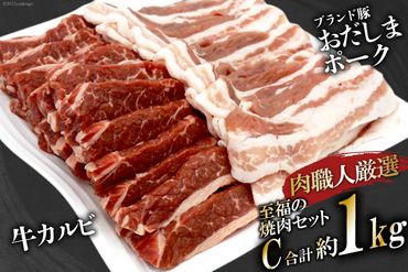 【肉職人厳選】至福の焼肉セットC 計約1kg 加美町産ブランド豚 おだしまポーク [関精肉畜産 宮城県 加美町 44581357] 牛カルビ 焼き肉 豚 カルビ