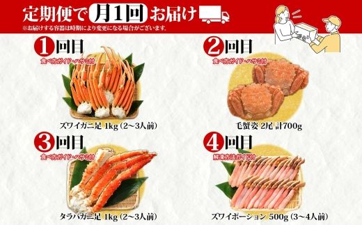 ■定期便■ 1584.蟹づくし 頒布会  全4回 ズワイガニ足 1kg 毛蟹 2尾 700g タラバガニ足 1kg ズワイ ポーション 500g むき身 かに 蟹 カニ ズワイガニ ずわいがに たらばがに 送料無料 100000円 北海道 弟子屈町