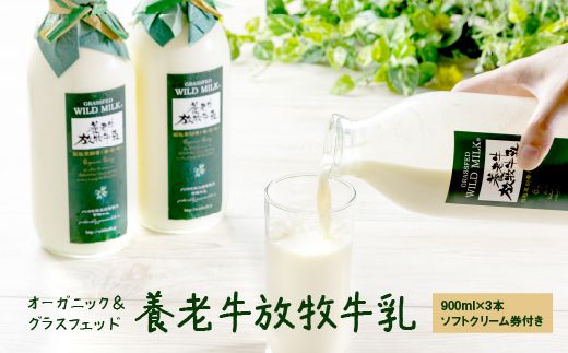 オーガニック&グラスフェッド養老牛放牧牛乳900ml×3本 [ソフトクリーム券付き]