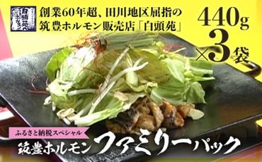 ふるさと納税限定仕様　ファミリーパック【味付ホルモン440g×3、自家製煮込タレ×3、つけタレ×1】白頭苑 ホルモン鍋 ホルモン