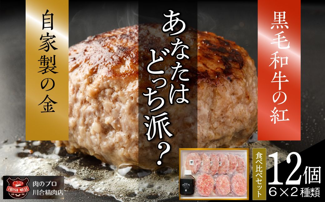 自家製 ハンバーグ 食べ比べ 12個セット ( 6個 × 2種類 ) 小分 パック 冷凍保存 肉 牛肉 おかず お弁当 人気 ランキング おすすめ グルメ ギフト 福島県 田村市 福島 ふくしま 川合精肉店 N09-P20-01