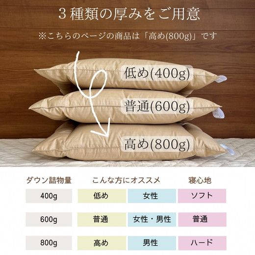 ＜京都金桝＞快適睡眠グッズ 「ダウンの枕」 ８００ｇ（高さ高めのハードな寝心地）《羽毛布団 冬 暖 睡眠 軽量》