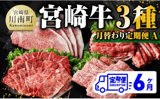 [ 6ヶ月定期便 ] 宮崎牛 3種 月替わり 定期便A 全6回[ 肉 牛肉 国産 宮崎県産 A4〜A5等級 宮崎牛 黒毛和牛 和牛 焼肉 しゃぶしゃぶ すきしゃぶ 焼しゃぶ ステーキ ] [E11012t6]