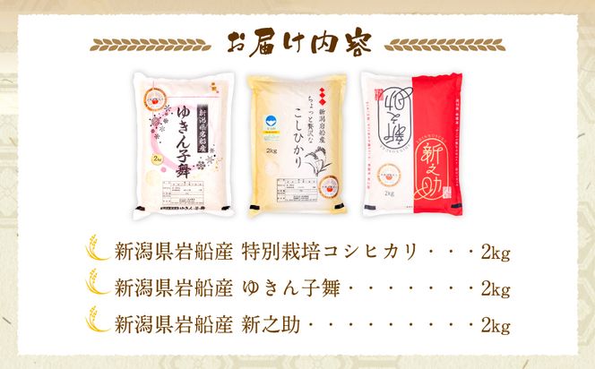 【新米受付・令和8年産米】 違いを楽しめるお米セット  新潟県村上市岩船産コシヒカリ・ゆきん子舞・新之助 計6kg（各2kg)  NA4110