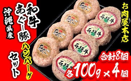 お肉屋本店 沖縄県産和牛・あぐー豚ハンバーグセット 800g(100g×8個)