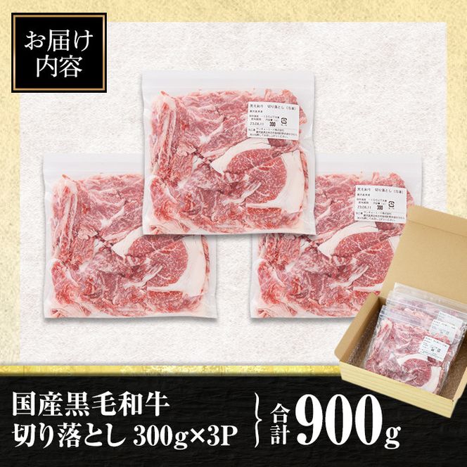 isa442 黒毛和牛切り落とし (合計900g・300g×3P) 国産 真空包装 真空パック ファスナー 小分け 切落とし 牛 うし 牛肉 アウトドア BBQ 冷凍 【サンキョーミート株式会社】