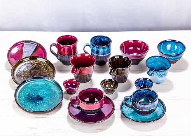 1608.陶芸品 摩周 北創窯 コーヒーカップ（しのぎあり）【青】