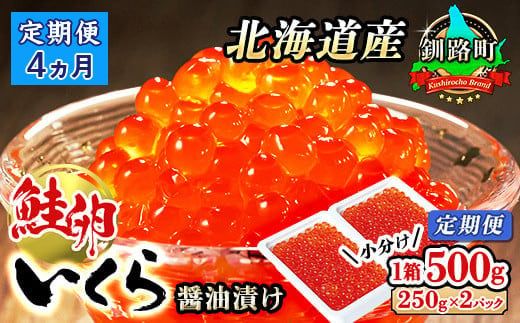 [定期便 4ヶ月連続]北海道産 いくら醤油漬け 500g(250g ×2パック×1箱) 小分け | 国産 北海道産 いくら いくら醤油漬け イクラ ikura 天然 鮭 サーモン 鮭卵 鮭いくら 北海道 昆布のまち 釧路町 笹谷商店 直営 釧之助本店 人気の 訳あり! 父親の日 ご飯 米 無洗米 にも最適 121-