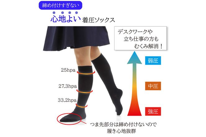 心地よい着圧ソックス　黒3足セット（L：23-25ｃｍ）/// 着圧 オフィスワーク 立ち仕事 むくみ 消臭 美脚 日本製