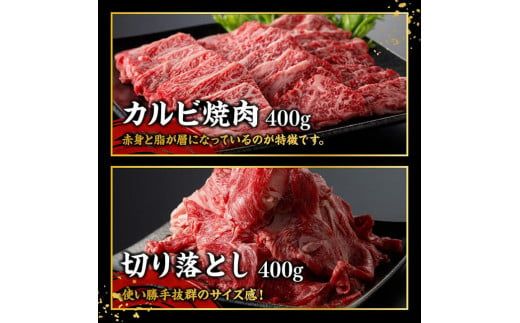 宮崎牛カルビ焼肉・切り落としセット合計800ｇ【 肉 牛肉 国産 黒毛和牛 宮崎牛 焼肉 宮崎県 川南町 】 [D11405]	