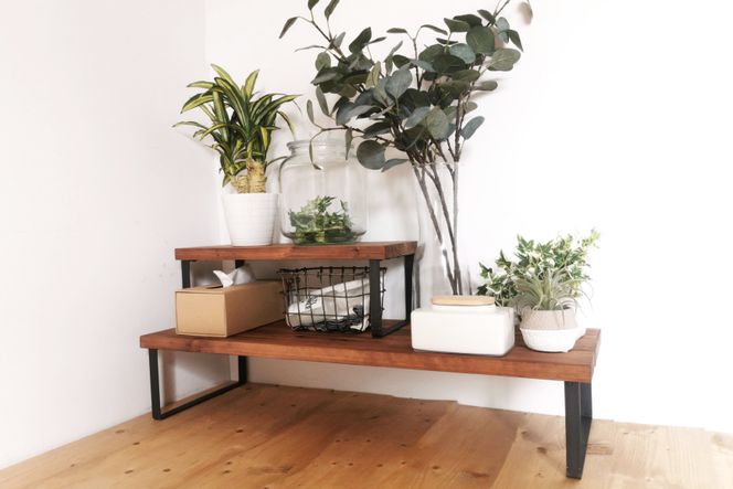 棚 無垢材とアイアンのシェルフ 幅広タイプ M47cm ブラウン 約横47cm×高16cm×奥行28cm 完成品 [新星金属製作所 大阪府 守口市 20940873] 家具 インテリア シェルフ 植物置き 靴棚